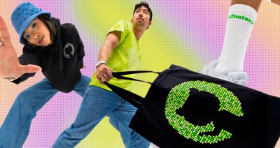 Three people in very active poses are featured in front of a multi-colored background. They are all wearing brightly colored GitHub branded gear.